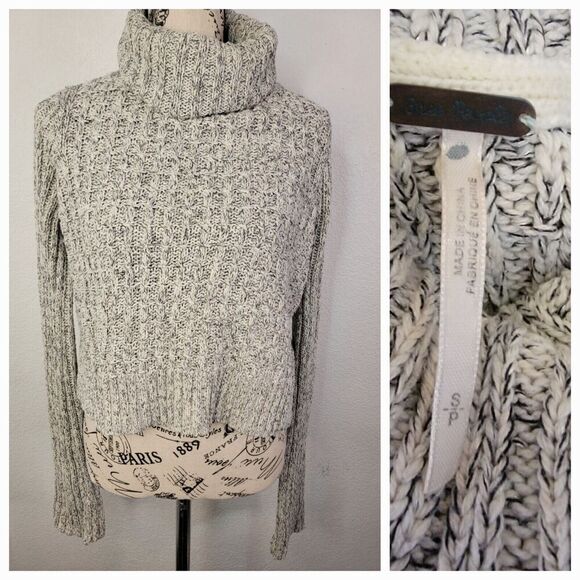 Free People Sweater Small Marled Ivory Combo Twisted Cable T-Neck Long Sleeves - Picture 2 of 12